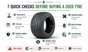 Infographic showing 7 quick safety checks before buying a used tyre. 