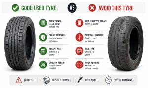 Good used tyre vs avoid used tyre showing tread, sidewall damage, tyre age and repair condition