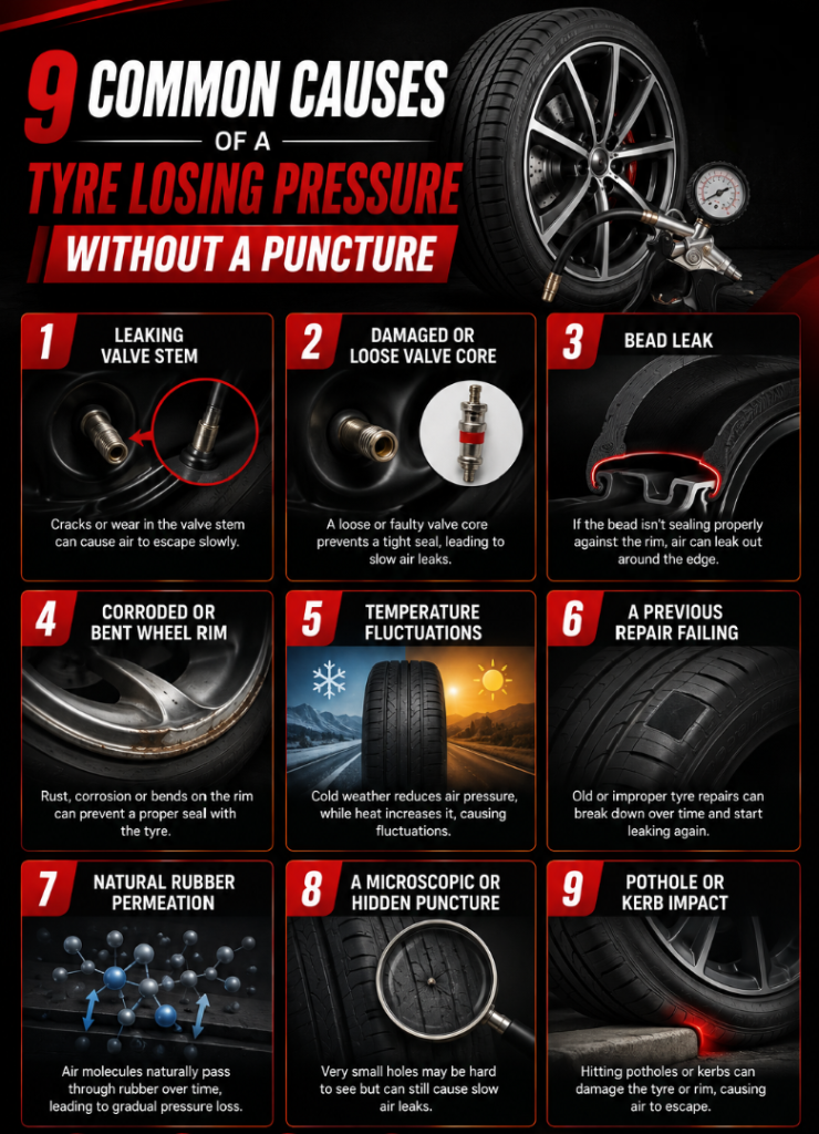 Infographic of ‘9 Common Causes of a Tyre Losing Pressure Without a Puncture