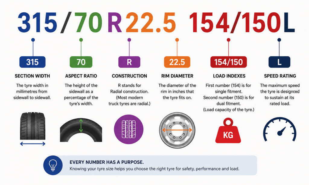 truck tyre size marking 315/70R22.5 154/150L